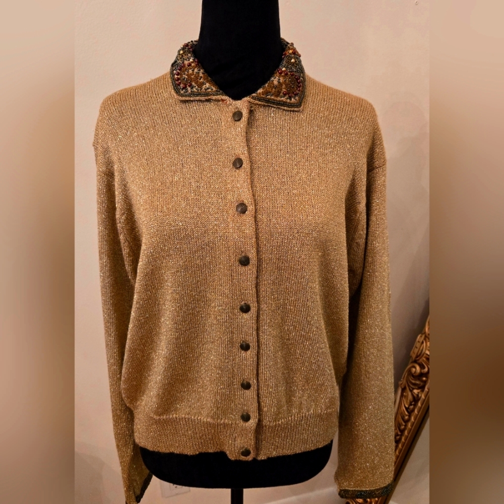 Lord & Taylor Vintage Metallic Gold Beaded Cardigan